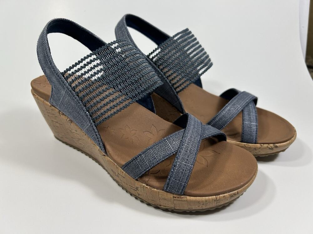 Skechers Beverlee High Tea Womens Blue Navy Luxe Foam Wedge Sandals Size 7 NWOB